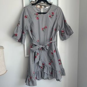 Black and White Stripped Dress with embroidered flowers